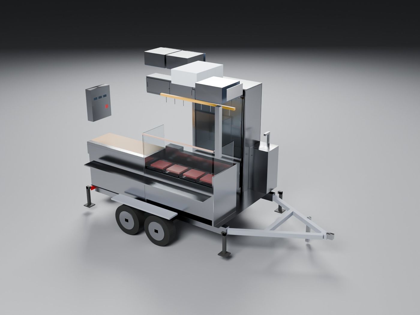 Mobile refrigerated butcher shop on a twin-axle trailer, render with walls removed
