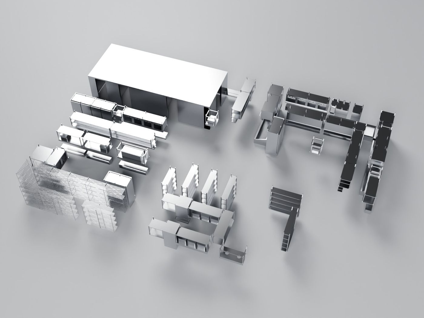 Restaurant basement kitchen layout, every item modelled in 3D