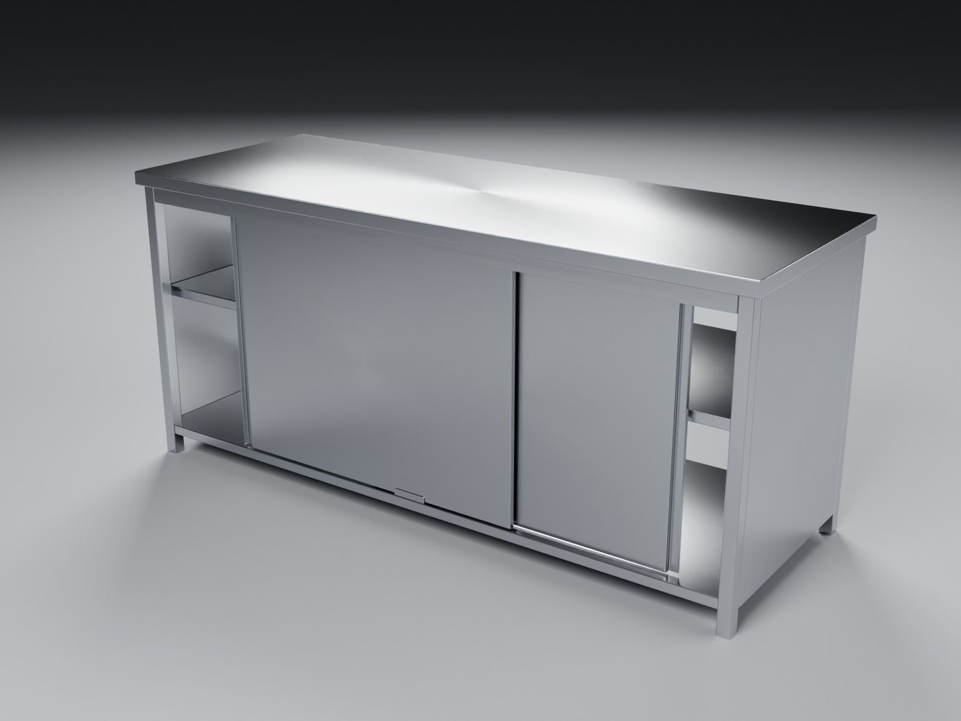 Stainless work table with sliding doors render